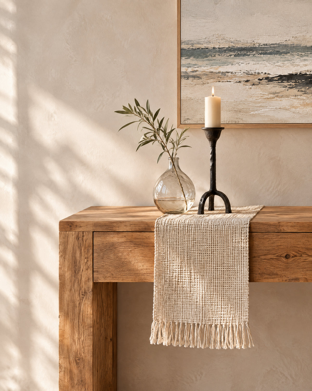 POIT editorial coastal console mood with warm timber and quiet detail