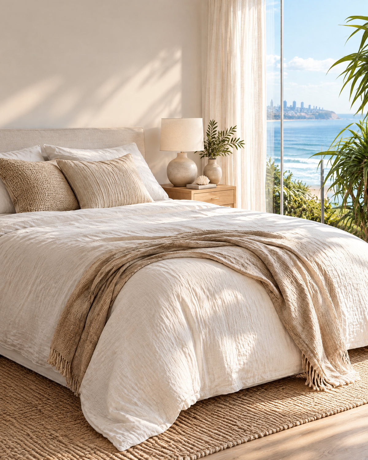 POIT editorial bed styling mood with warm neutral layers
