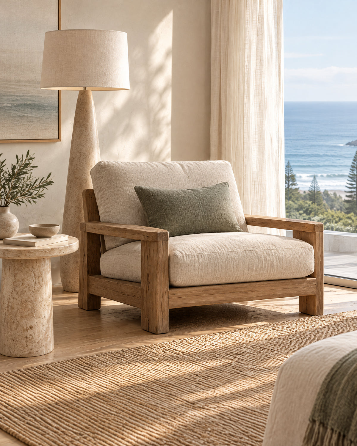 POIT editorial living area mood with timber lounge and natural fibre texture