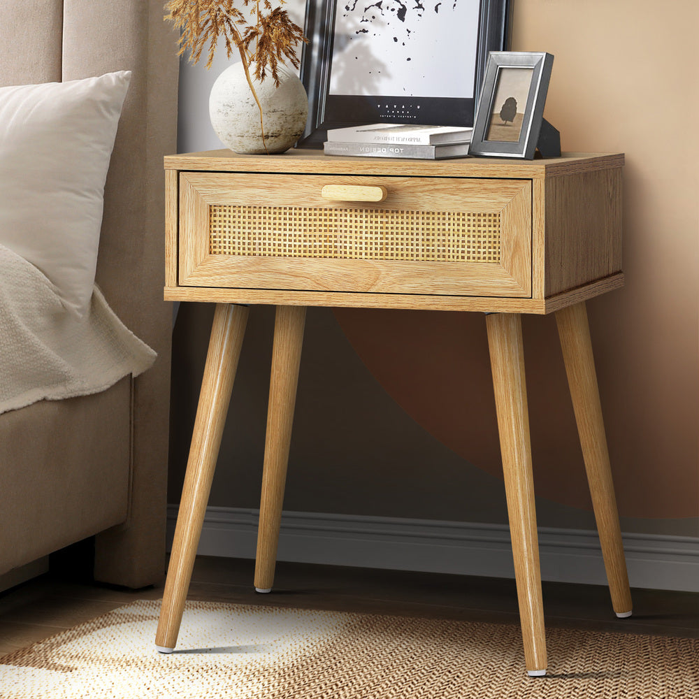 Rattan Bedside Table in natural wood — storage detail