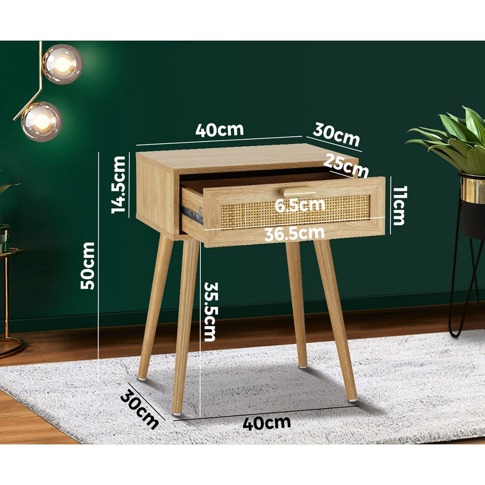 Rattan Bedside Table in natural wood — rattan weave detail