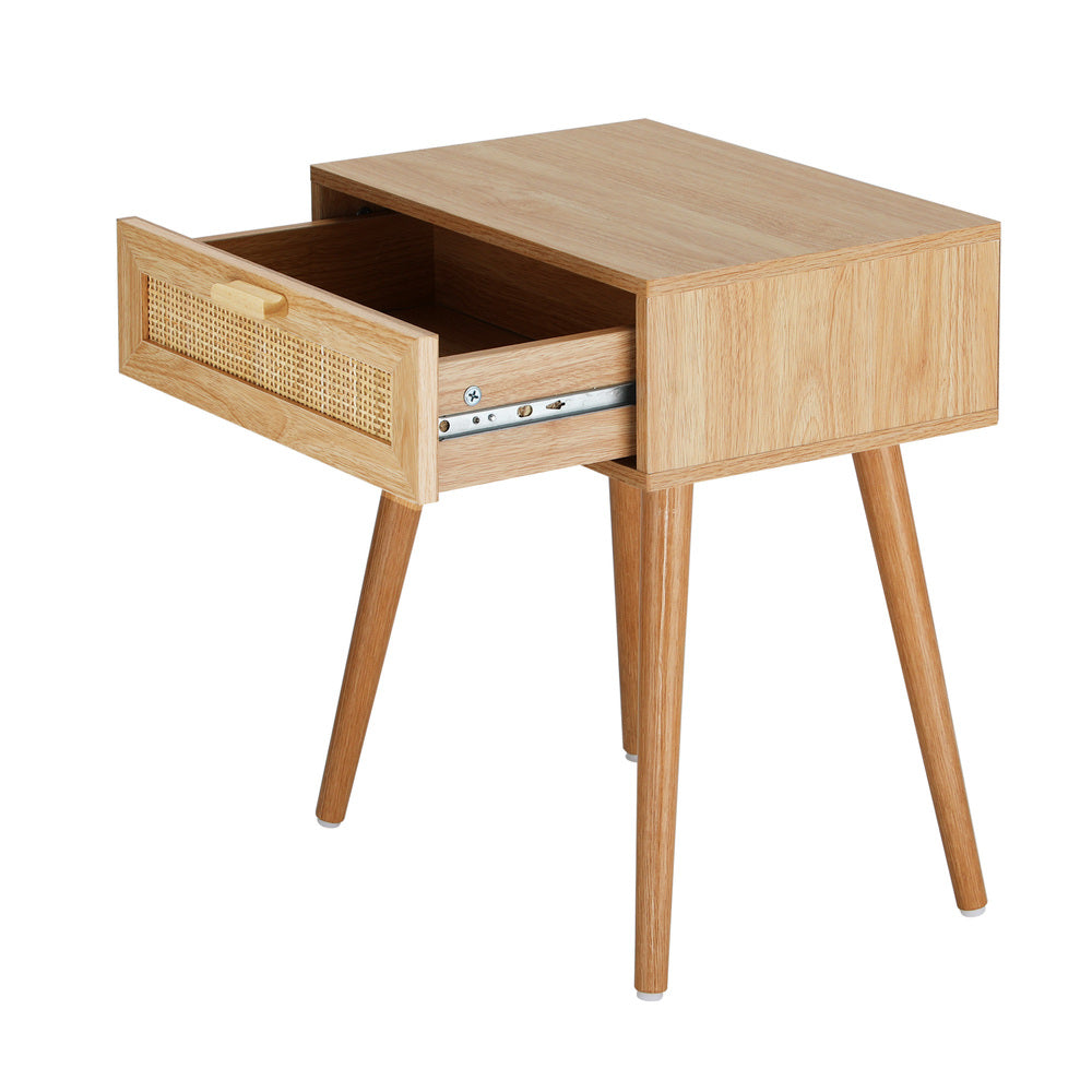 Rattan Bedside Table in natural wood — side view