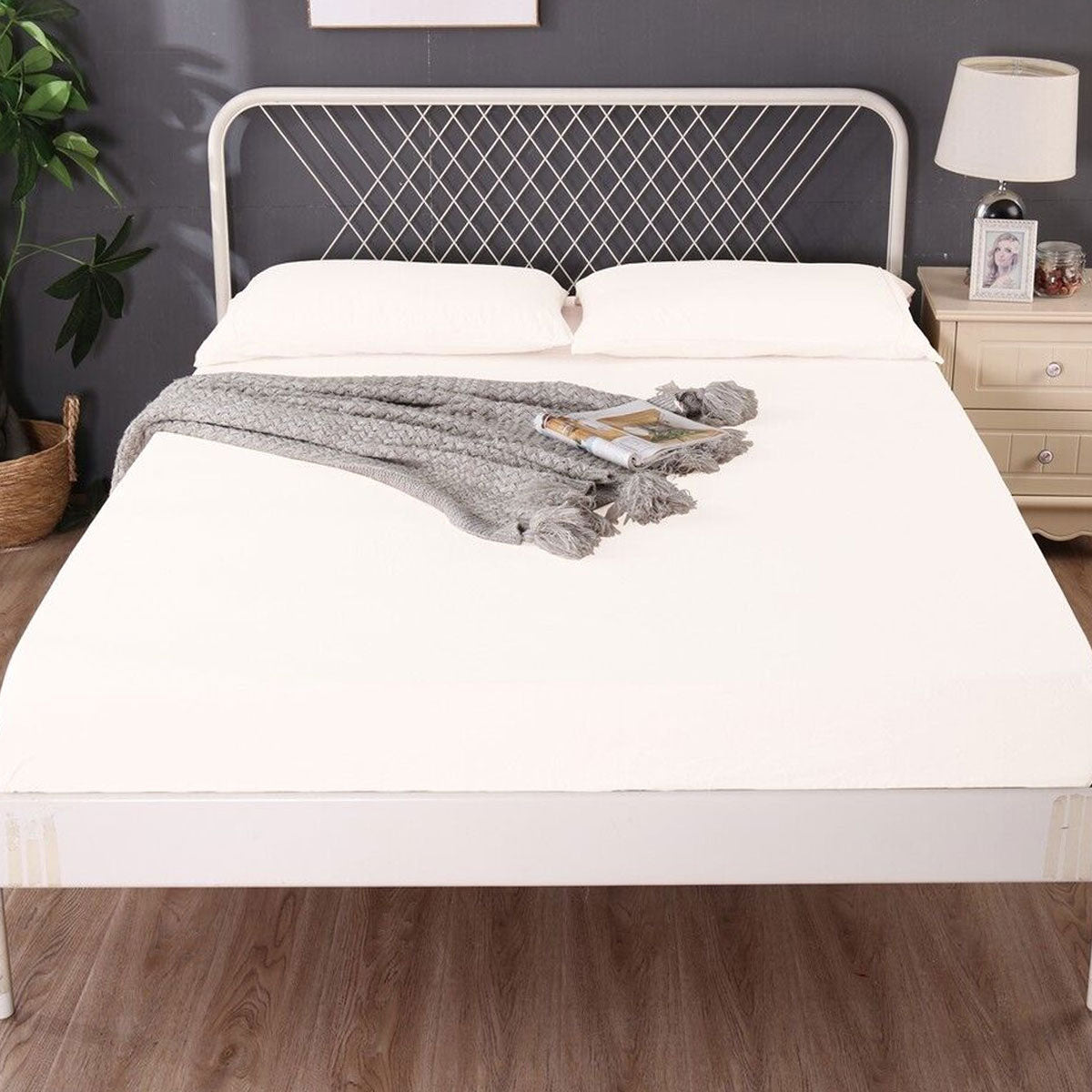 Linen and Bamboo Queen Sheet Set — white fitted sheet