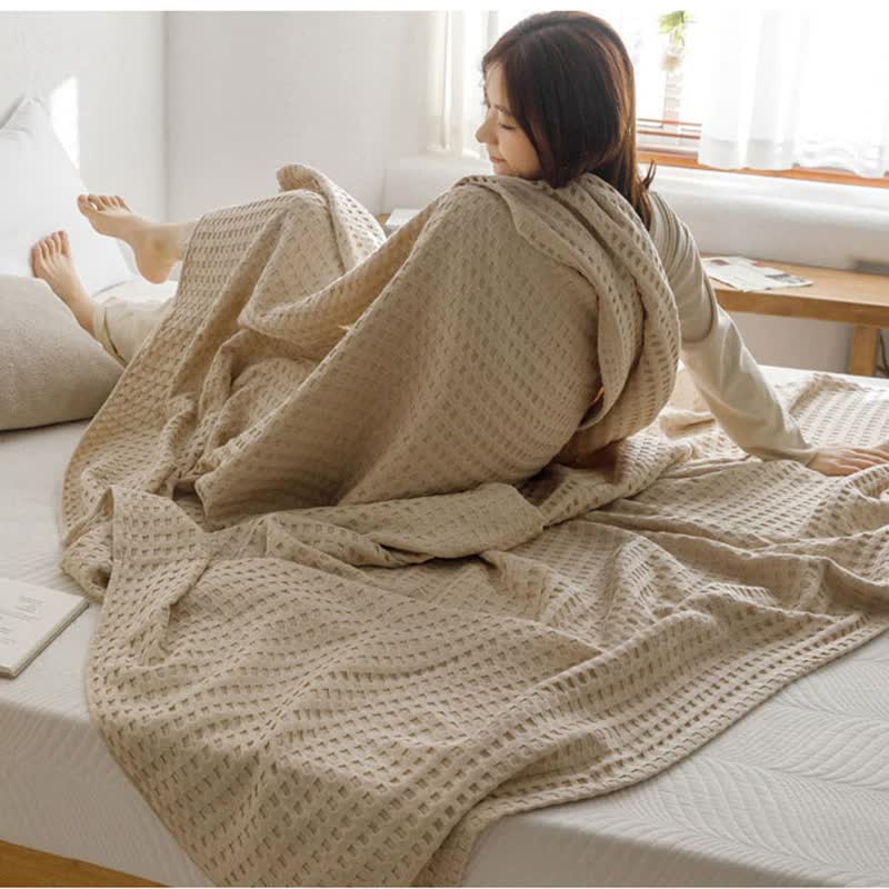 Khaki Cotton Waffle Bed Layer — woven texture
