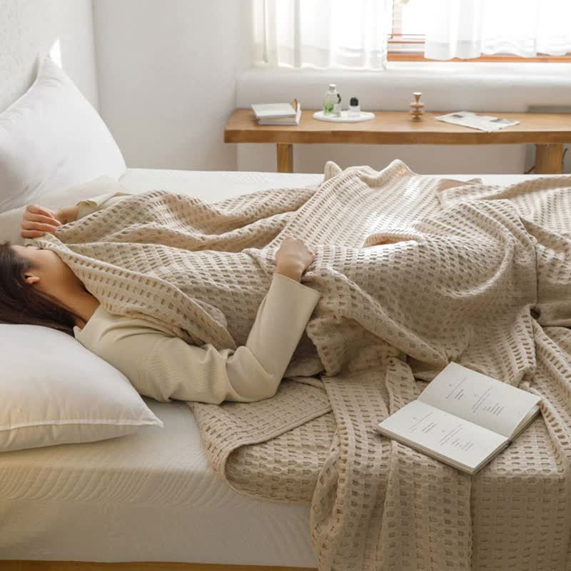 Khaki Cotton Waffle Bed Layer — folded detail
