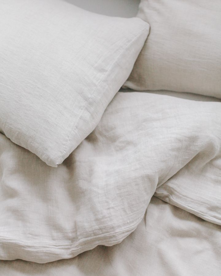 Natural Chambray Linen Duvet Cover Set — layered bed view